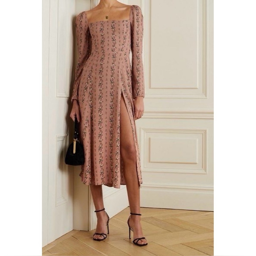 Reformation Sigmund Midi Dress Boudoir Pink Floral Square Neck Slit 10